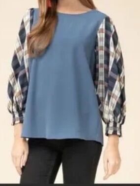 ENTRO BISHOP PLAID SLEEVE BLOUSE Balloon Sleeve Ruched Cuff Flowy Sz Med